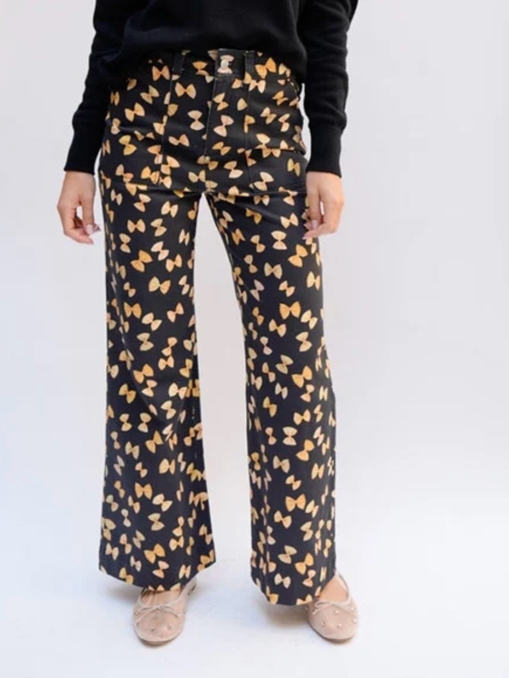 Rachel Antonoff Mike Pant Pasta 6 High Rise Wide Leg Novelty Print Cotton Black